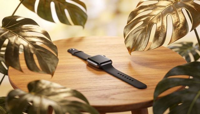 Sleek black smartwatch resting on round wooden stool with golden monstera leaves and warm sunlight