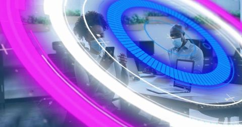 Masked professionals using tablet and phone in augmented-reality office with neon overlays