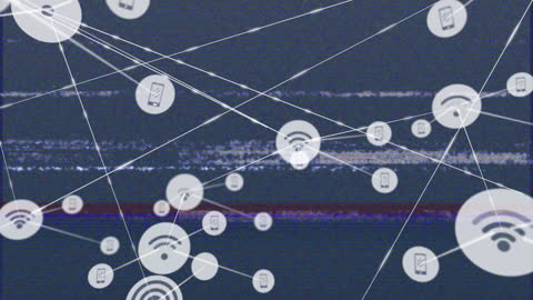 Abstract Network of Digital Icons with Glitch Effect