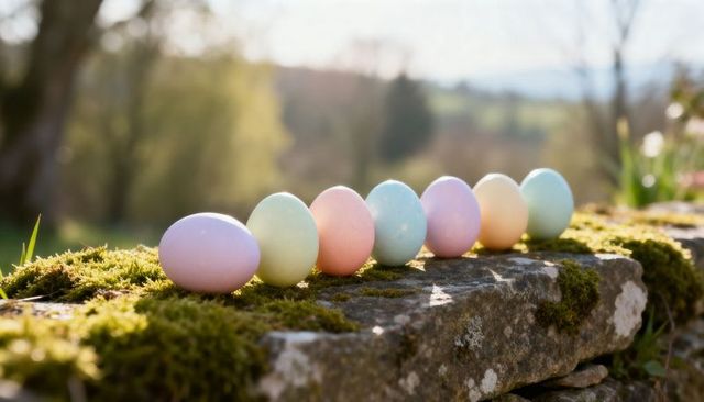 Pastel easter eggs lining mossy stone wall in soft sunlight