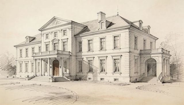 Neoclassical mansion pencil sketch in sepia showing grand manor with columned portico estate