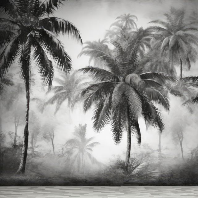 Multiple palm trees and mist in black and white, created using generative ai technology. Palm trees, wallpaper pattern and exotic nature concept digitally generated image.