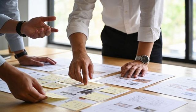 Team collaborating on ux wireframe layouts using sticky notes and printouts