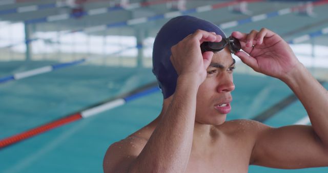 Male Swimmer at Indoor Pool Putting on Swim Goggles - Download Free Stock Images Pikwizard.com