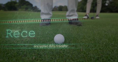 Golfing with tech overlay featuring encrypted data elements