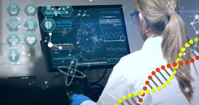 Image of DNA strand spinning and medical icons over female scientist wearing lab coat working looking at computer screen. Global medicine concept digitally generated image.