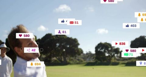 Cricketer celebrating after bat strike with social media notifications flooding sky