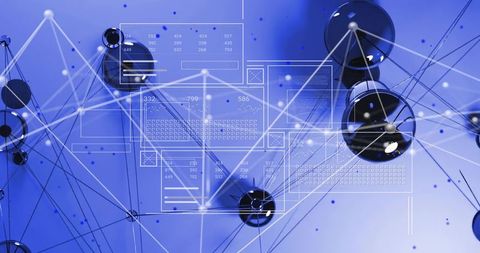 Blue digital network visualization with glossy spheres, connecting nodes and ui panels