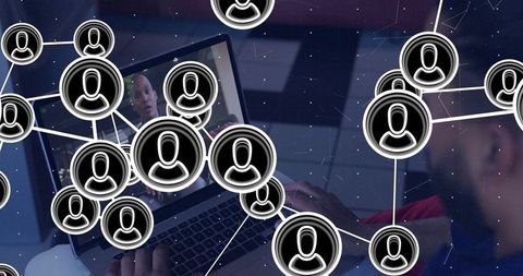 Connecting remote teams showing network overlay of connected users on laptop screen