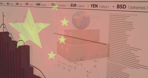 Digital Interaction Overlays China Flag with Global Financial Data