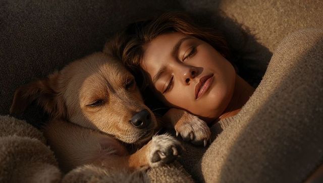 Young woman snuggling tan dog on sofa resting together under cozy blanket in warm light