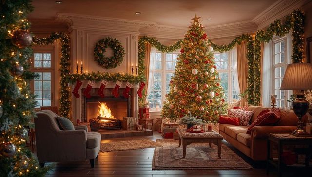 Cozy living room with decorated christmas tree and fireplace