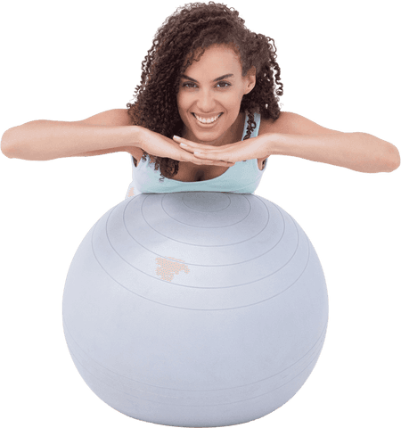 Smiling Woman Leaning on Transparent Exercise Ball for Fitness - Download Free Stock Videos Pikwizard.com