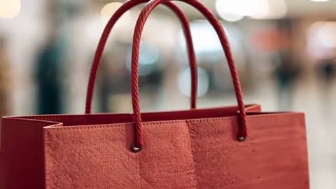 Red shopping bag with rope handles passing through busy mall closeup bokeh retail footage