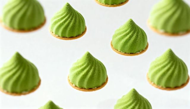 Floating matcha mousse domes on crisp biscuit bases with swirled velvet texture