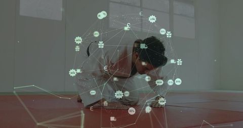 Kneeling martial artist in gi practicing focus with holographic reality training overlay