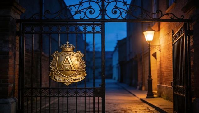 Gilded crest on wrought-iron gate at dusk with lantern-lit cobblestone alley