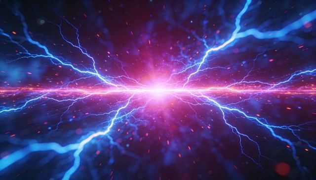 Pulsing Magenta Energy Core Sending Blue Lightning Arcs and Orange Sparks Across Horizon