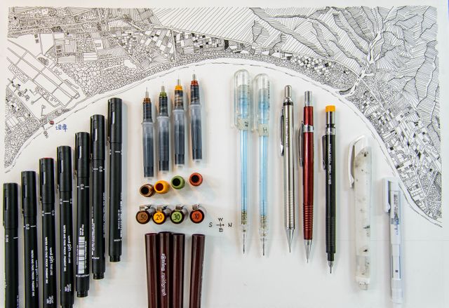 Assorted Drawing and Writing Tools Arranged Neatly with City Map Sketch - Download Free Stock Photos Pikwizard.com