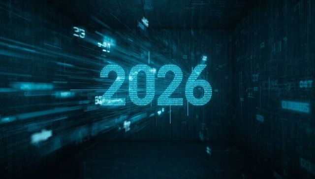 Futuristic 2026 digital projection in cyber data tunnel streaming neon binary light