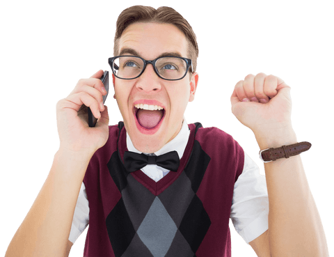 excited nerdy hipster celebrating on phone call transparent background - Download Free Stock Videos Pikwizard.com