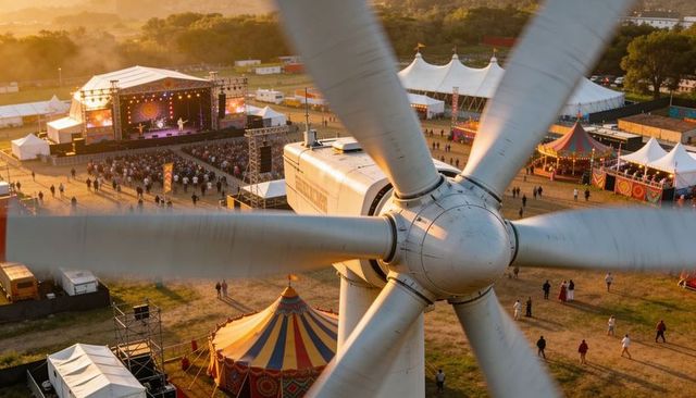 Rotating wind turbine overlooking sunset music festival with stage, tents and crowds