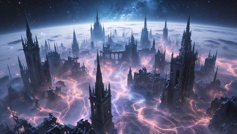 Majestic gothic spires on alien cosmic apocalyptic landscape