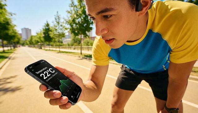 Young runner checking smartphone temperature and fitness data on sunny urban park path