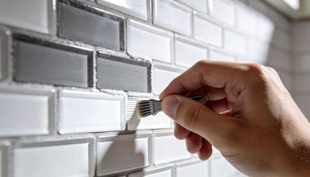 Hand cleaning grout on white and gray subway tile backsplash with small brush