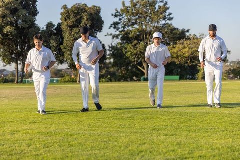 Cricket teammates walking across sunlit outfield in white uniforms, teamwork and unity