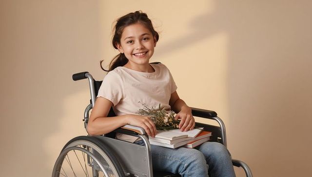 Smiling girl in wheelchair holding books and bouquet, casual outfit, warm studio portrait