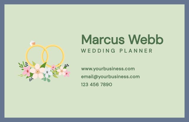 Elegant business card template for wedding planners featuring intertwined gold rings and a floral design. Ideal for showcasing contact information and adding a touch of professionalism. Suitable for event planning businesses and freelance wedding planners looking for a minimalistic and sophisticated look.
