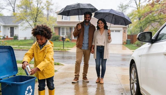 Family teaching child to recycle in rainy suburban driveway while holding umbrellas