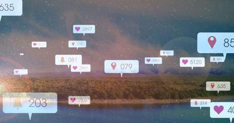 Floating notification bubbles over lakeside dusk landscape with hearts, pins and alerts