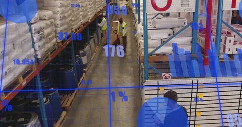 Warehouse team guiding pallet jack in aisle with digital inventory and safety overlay
