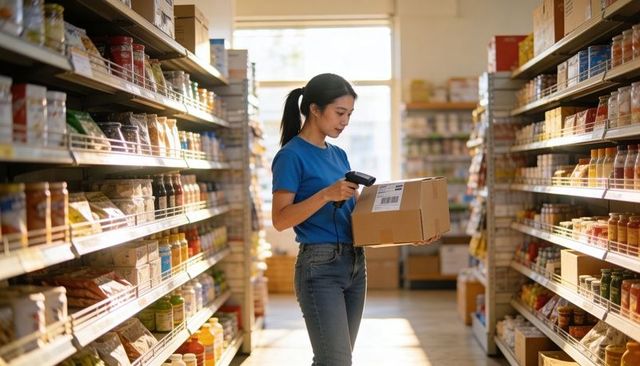 Retail worker scanning package in grocery aisle with handheld barcode scanner
