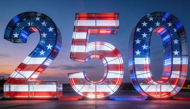 250 sculpture glowing with american-flag led reflections on waterfront at dusk