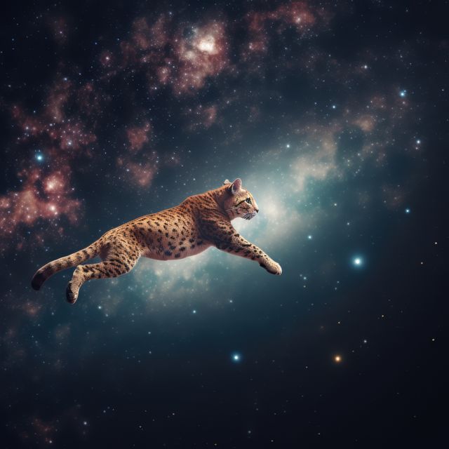 Image depicts a cat leaping through a galaxy with colorful stars and nebulae in the background. This surreal and imaginative concept is ideal for use in fantasy-themed projects, creative illustrations, book covers, wallpapers, and other design work focused on space and imagination.