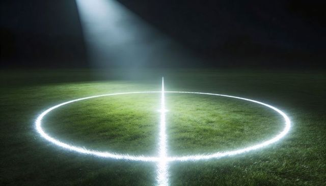 Glowing neon circle bisecting grassy turf with crosshair beam and misty night spotlight