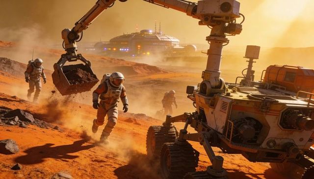 Mars Colony Crew Excavating Red Regolith with Heavy Rover Arm Near Futuristic Habitat