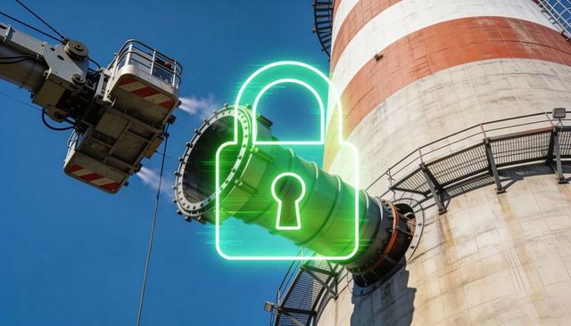 Industrial stack security concept showing neon padlock overlay on pipe flange