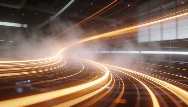 Curving amber light trails conveying futuristic high-speed data flow through tunnel