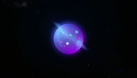 Glowing Purple Orb Planet Emitting Diagonal Beam and Speckled Light in Dark Starfield