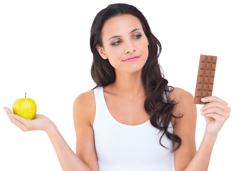 woman deciding between transparent apple and chocolate bar - Download Free Stock Videos Pikwizard.com