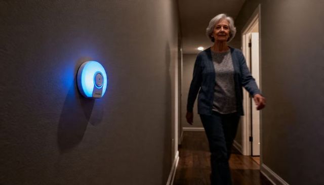 Senior woman walking down hallway with glowing smart nightlight enhancing home safety