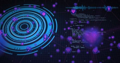 Futuristic hud with blue concentric interface, health data visualizations and neon network analytics