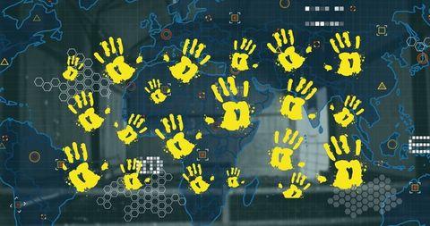 Digital Handprints Over World Map Representing Global Network and Communication