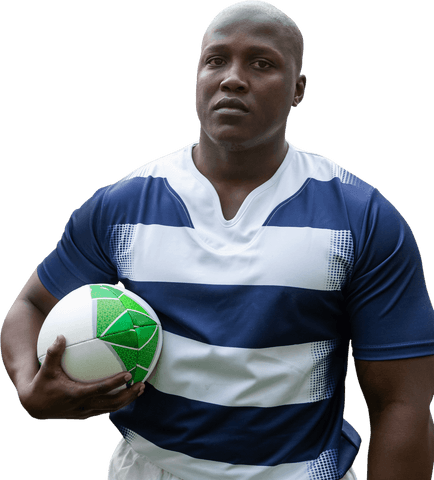 African american rugby player with ball isolated transparent background