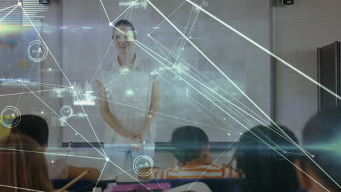 Teacher Leading Class with Digital Network Overlay