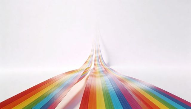 Flowing glossy rainbow ribbons tapering toward vanishing point on pale background